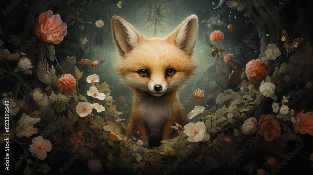 Obraz premium happy cutered fox in flower blossom atmosphere golden pastel colorful oil paint abstract art