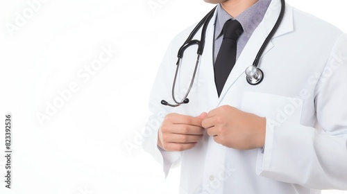 Doctor in white coat with stethoscope, adjusting jacket, ready for work in medical profession, healthcare service, professional attire.