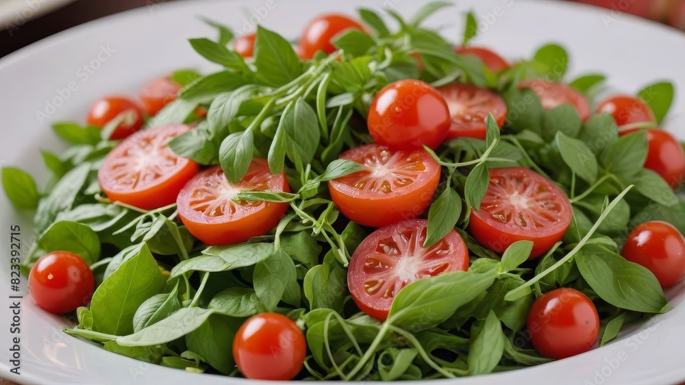 A fresh and vibrant salad featuring cherry tomatoes and an abundance of green basil leaves, perfect for a healthy meal. A fresh and vibrant salad featuring cherry tomatoes and an abundance of green basil leaves, perfect for a healthy meal.