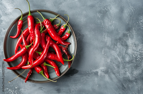 Top view of red chili peppers in the style of flat lay photography, stock photo.