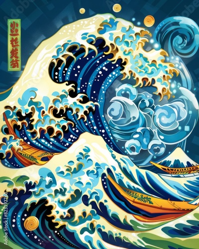 A dynamic painting depicting a powerful wave with a boat navigating through it.