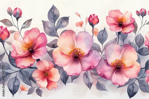 Watercolor pink flowers seamless pattern with leaves
