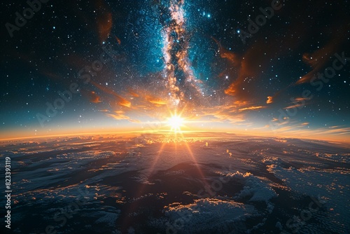 Digital artwork of  milky way rising behind the earth and sun, high quality, high resolution photo
