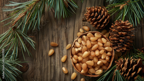 Peeled raw pine nuts in bowl. Horizontal background with pine cones, fir branches and nuts. Vegan product, healthy food photo