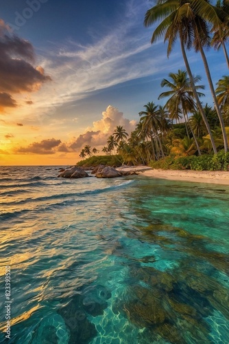 Tropical Paradise with Palm Trees and White Sandy Beaches