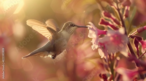 Golden Hummingbird in Flight Against a Sunlit Background