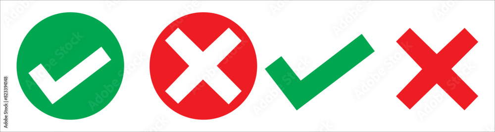 Green check mark, red cross mark icon set. Isolated checklist signs, approval badge. Vector illustration. Green check mark, red cross mark icon set. Isolated checklist signs, approval badge. Vector illustration.