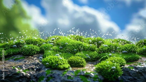 Top of the line CG  surreal photography.Green moss on stones with sparkling rain droplets. beautiful  romantic  and beautiful lighting. Blue sky  ultra-high definition  front view  Nikon photography 