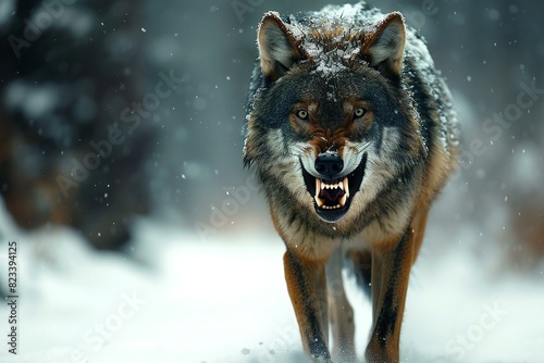 Digital image of  angry wolf with teeth is walking in the snow