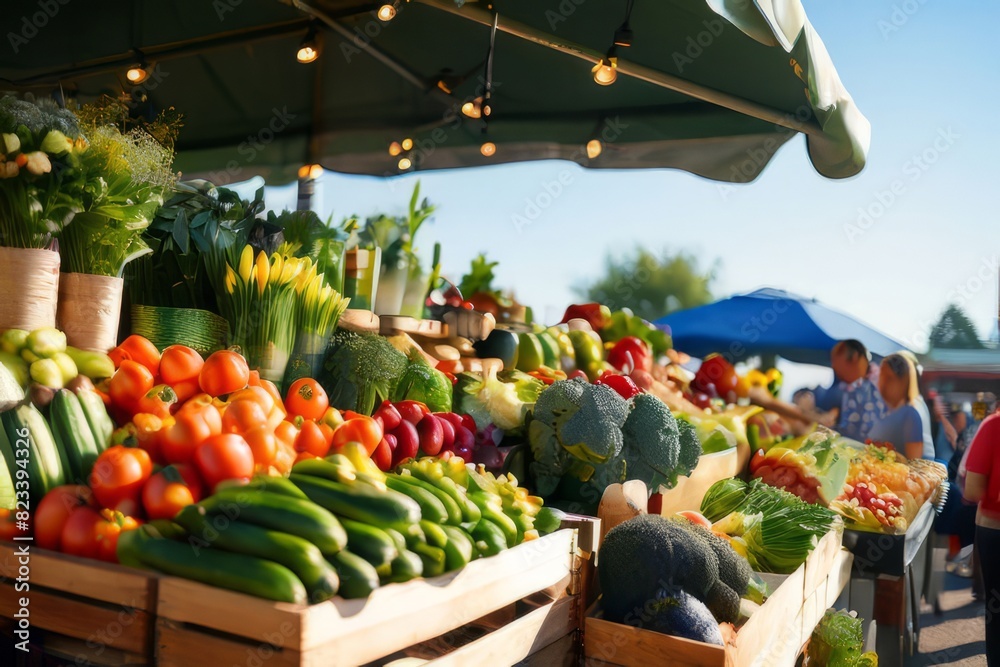 Active farmers market with an array of fresh produce under the bright sun.