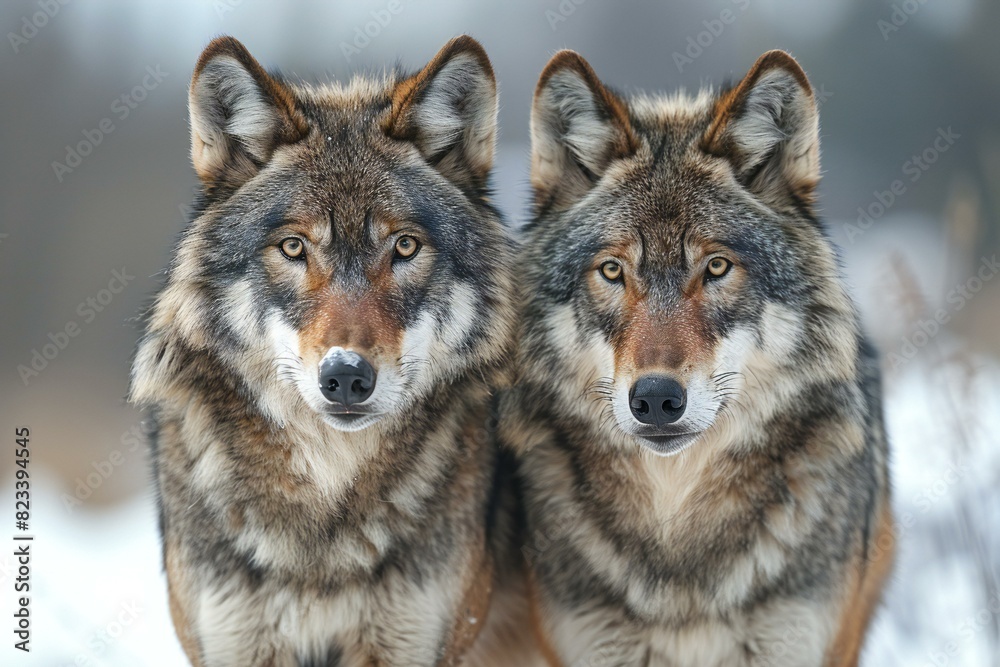 Two wolves are standing on a white background, high quality, high resolution