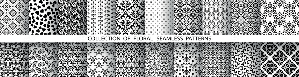 Geometric floral set of seamless patterns. White and black vector backgrounds. Damask graphic ornaments. Geometric floral set of seamless patterns. White and black vector backgrounds. Damask graphic ornaments.