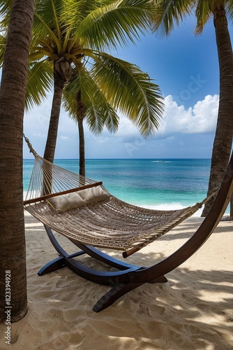 Serene Ocean and Palm Trees Cozy Hammock Background © Dreamweave