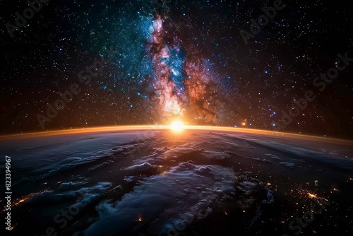 A milky way rising behind the earth and sun, high quality, high resolution #823394967