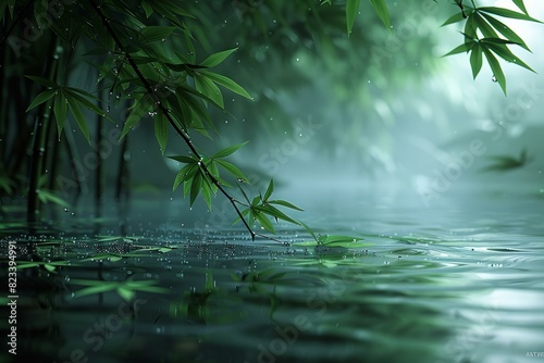Depicting a green bamboo leaves in water in dark setting  high quality  high resolution