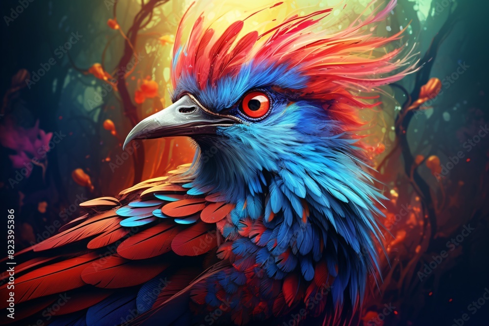 a colorful bird with red and blue feathers