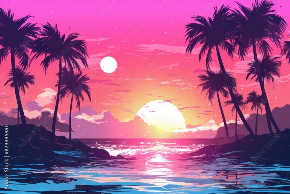 Illustration of a vibrant tropical sunset paradise with palm trees, pink sky, and serene ocean view