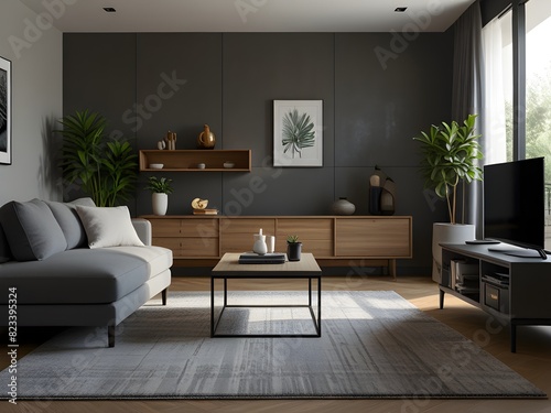 Modern interior of living room with design grey sofa  Design a contemporary living room furniture set for a modern house  including a sofa  table  and accent lighting.