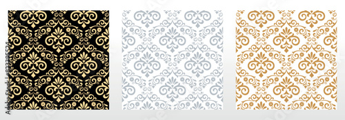 Wallpapers in the style of Baroque. Seamless vector backgrounds. Set of colored floral ornaments. Graphic patterns for fabric, wallpaper, packaging. Ornate Damask flower ornaments