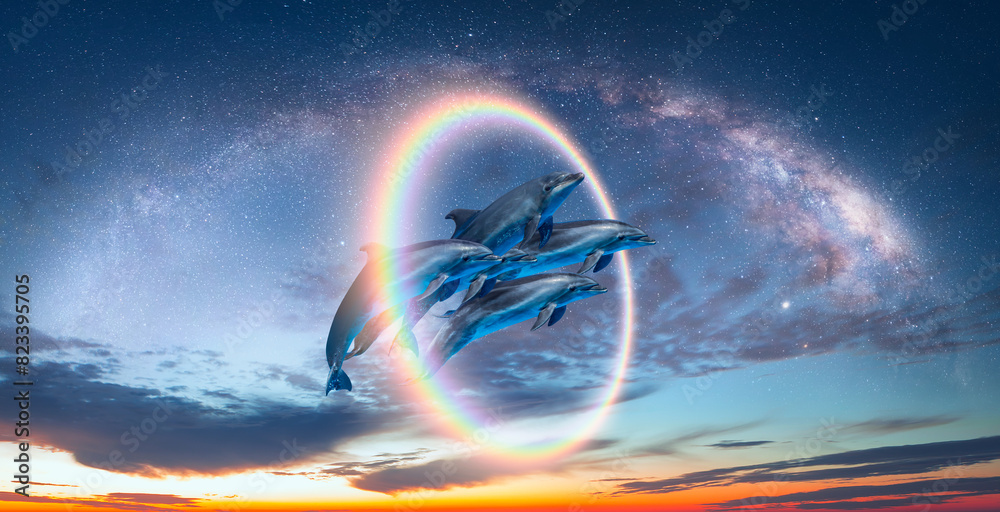 Group of dolphins jumping up from the sea amazing sunset in the background with rounde rainbow and Milky Way galaxy Group of dolphins jumping up from the sea amazing sunset in the background with rounde rainbow and Milky Way galaxy