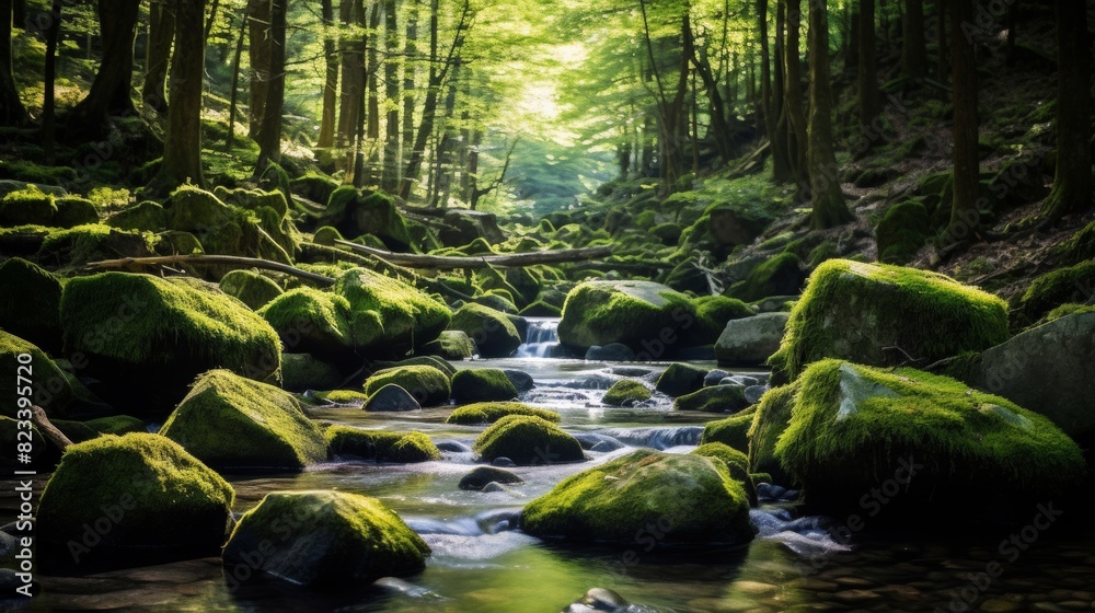 Fototapeta premium Crystal-clear creek winding among mossy trees.
