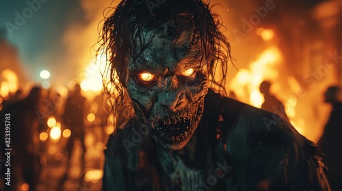 A detailed representation of a zombie with blood-red glowing eyes in a chaotic, apocalyptic setting photo