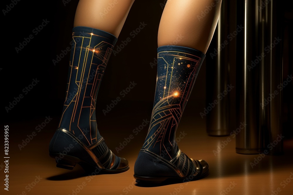 Close-up of legs wearing socks with a unique glowing circuit pattern in a dark setting Close-up of legs wearing socks with a unique glowing circuit pattern in a dark setting