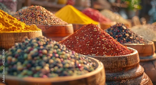 Close-up of traditional spices in a market, blurred exotic bazaar photo
