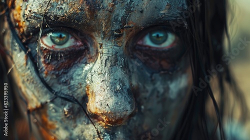 Close-up of a mysterious woman with intense gaze and mud makeup looking at the camera