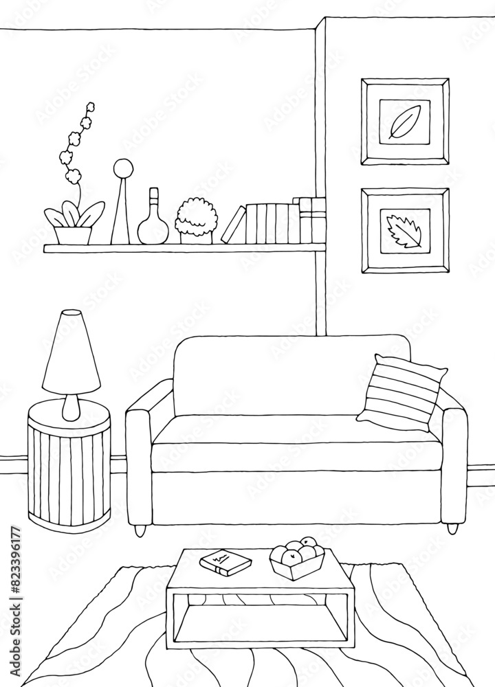 Living room graphic black white home interior vertical sketch illustration vector Living room graphic black white home interior vertical sketch illustration vector
