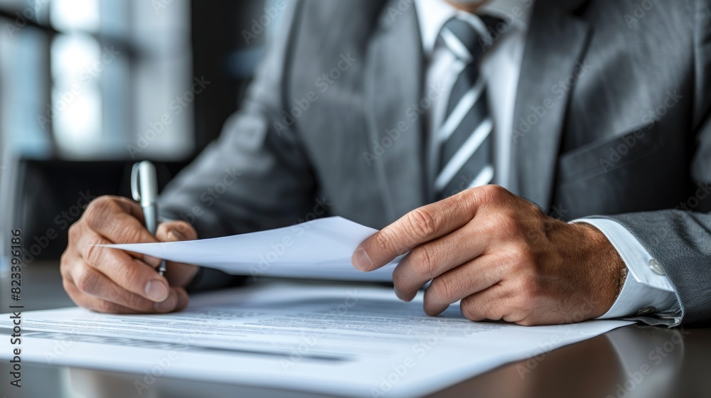 A man in a professional suit signing a legal document on a desk A man in a professional suit signing a legal document on a desk