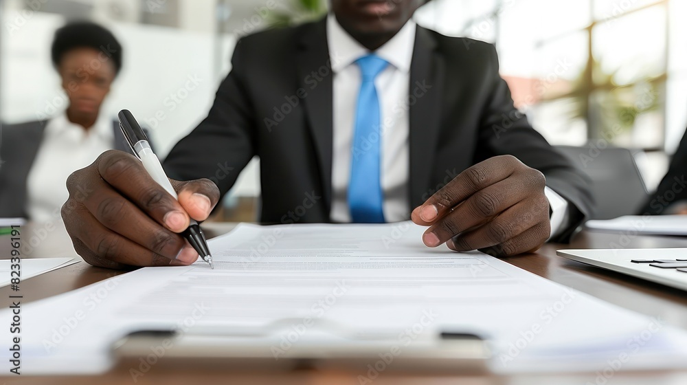 A man sitting at a desk, holding a pen and writing on a piece of paper A man sitting at a desk, holding a pen and writing on a piece of paper