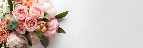 Pink and Peach Wedding Bouquet on White Background with Banner © MD