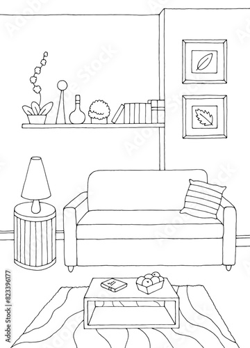 Living room graphic black white home interior vertical sketch illustration vector 
