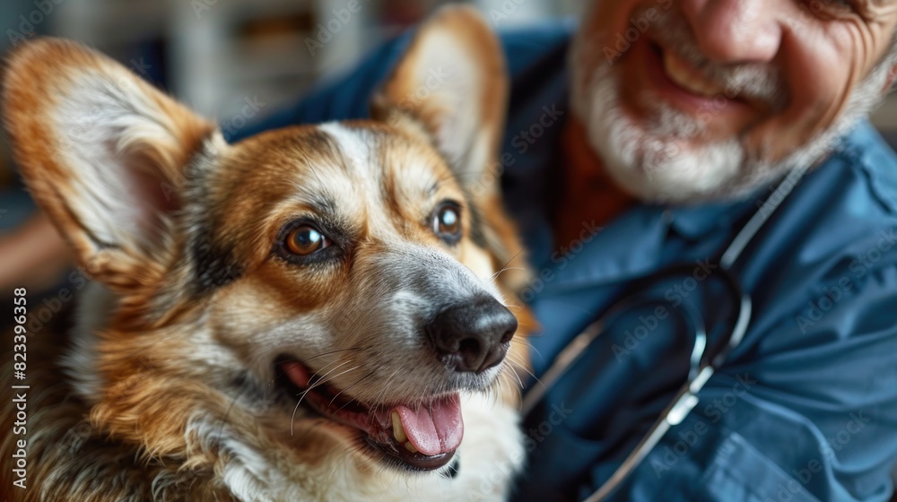 A man is holding a dog and using a stethoscope to listen to the dogs heartbeat A man is holding a dog and using a stethoscope to listen to the dogs heartbeat