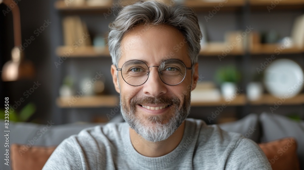 A man with glasses and a beard smiles warmly in this portrait A man with glasses and a beard smiles warmly in this portrait