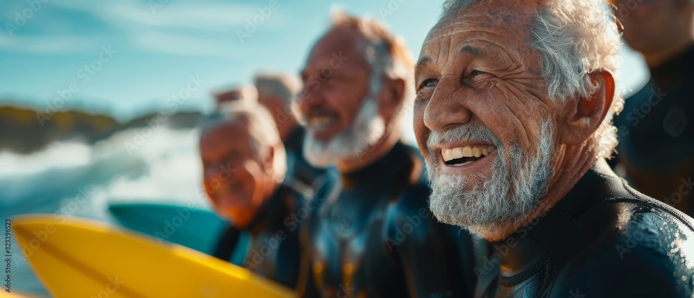 Fototapeta premium A group of older men are smiling and laughing while holding surfboards
