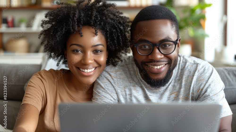 A man and woman sitting on a couch, both focused on a laptop screen in front of them A man and woman sitting on a couch, both focused on a laptop screen in front of them