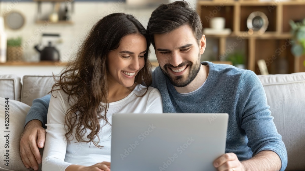 A man and woman are seated on a couch, engaged in looking at a laptop screen together A man and woman are seated on a couch, engaged in looking at a laptop screen together