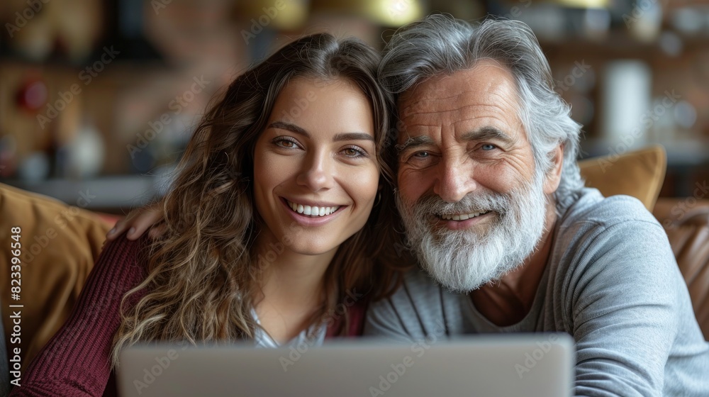 A man and woman are seated on a couch, engaged with a laptop screen in front of them A man and woman are seated on a couch, engaged with a laptop screen in front of them