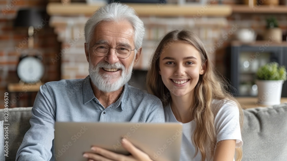 An older man and a young girl are seated together on a couch An older man and a young girl are seated together on a couch