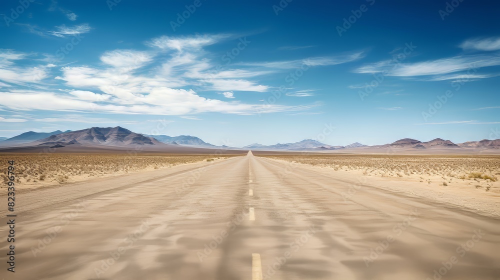 Long desert road extends to the horizon.