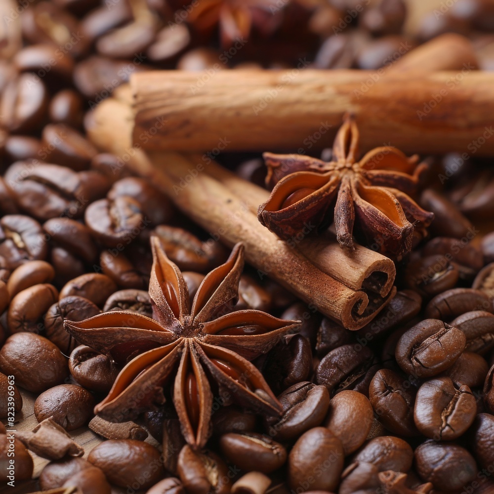 A pile of coffee beans with cinnamon sticks and starburst badian on top. A pile of coffee beans with cinnamon sticks and starburst badian on top.