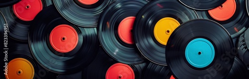 Vinyl music records background. A background with vinyl records with fake music labels