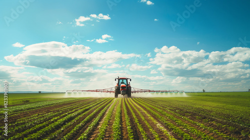 Modern tractor spraying crops in vast farm field. sky is blue