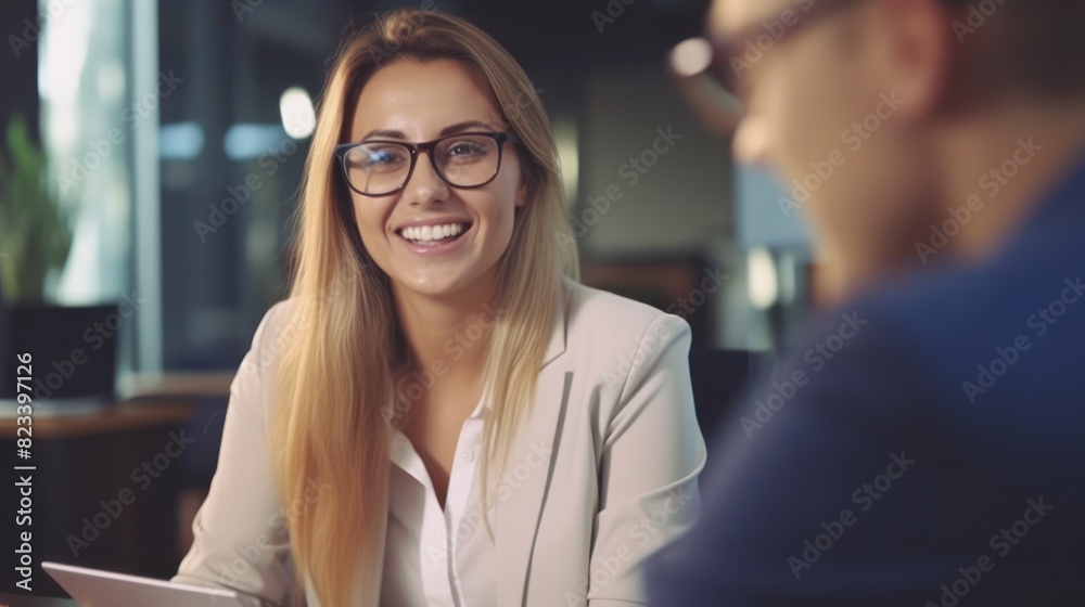 A woman is engaged in conversation with a man while sitting at a table A woman is engaged in conversation with a man while sitting at a table