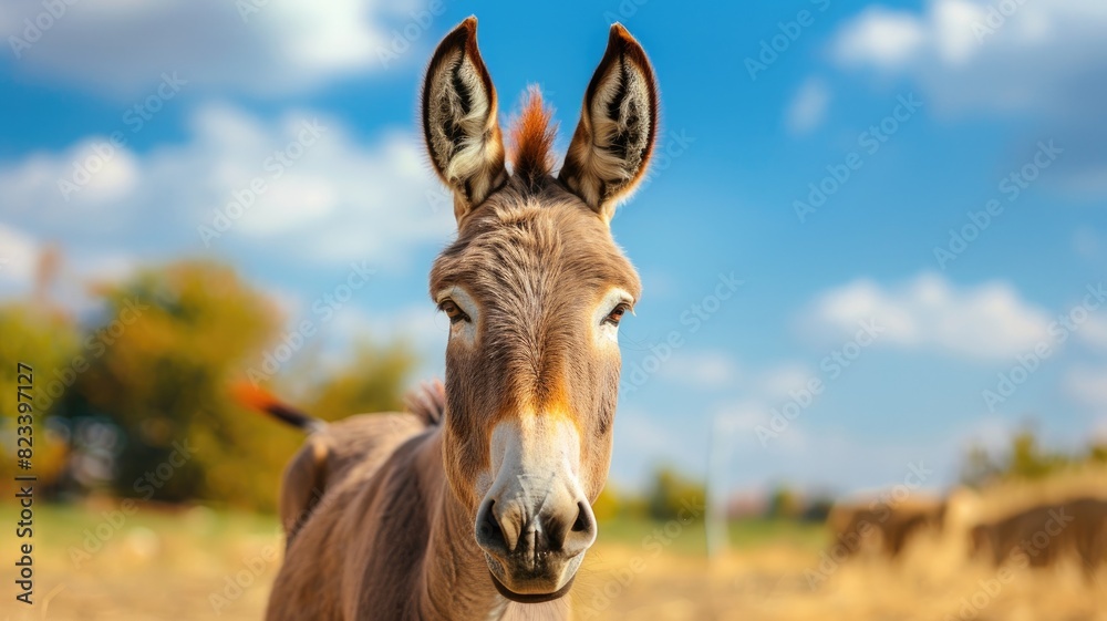 Curious-looking donkey with large ears facing camera in field under blue sky Curious-looking donkey with large ears facing camera in field under blue sky