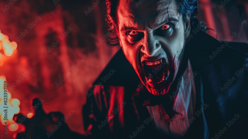 Person posing as vampire with fangs in dramatic, horror-themed setting red lighting Person posing as vampire with fangs in dramatic, horror-themed setting red lighting