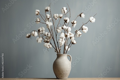 Serene display of natural cotton stems arranged in a rustic vase against a muted background photo