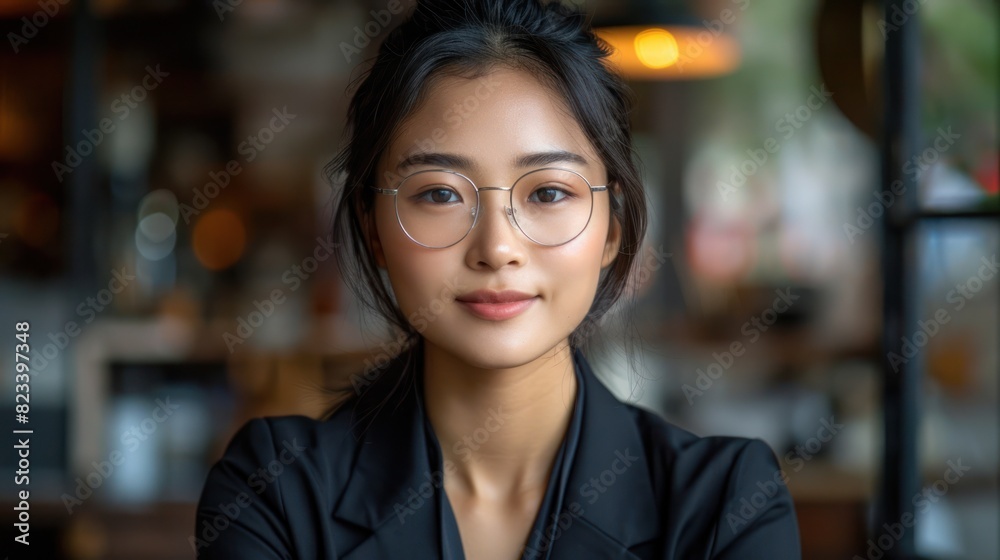 A woman with glasses wearing a black shirt A woman with glasses wearing a black shirt